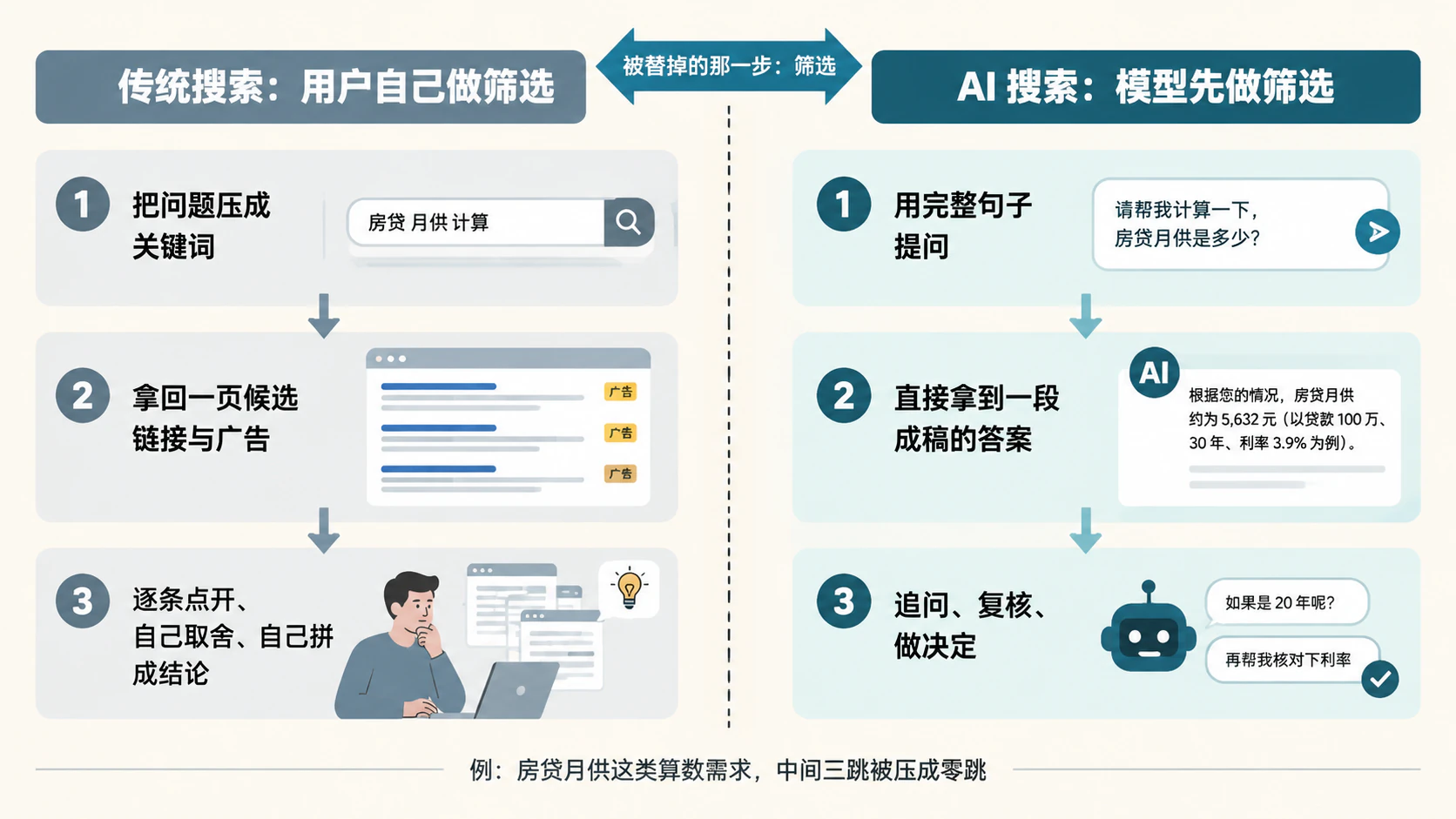 传统搜索与 AI 搜索的流程对比：被 AI 替掉的是筛选，例：房贷月供这类算数需求，中间三跳被压成零跳