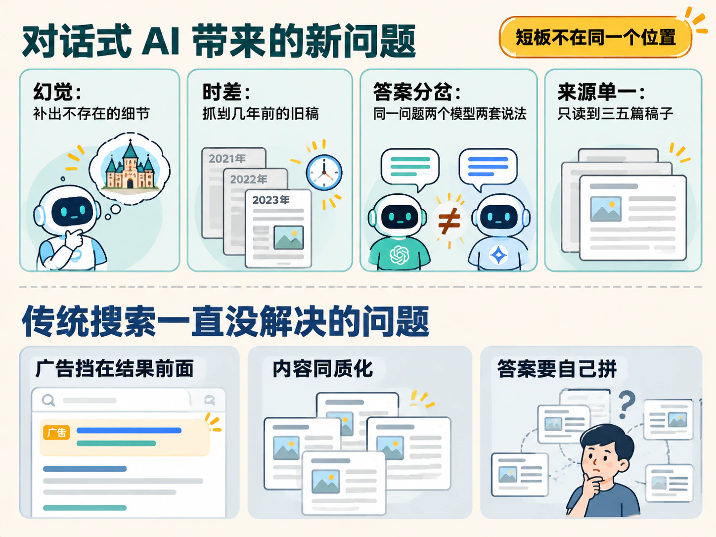 对话式 AI 带来的四个新问题，与传统搜索一直没解决的三个问题：短板不在同一个位置