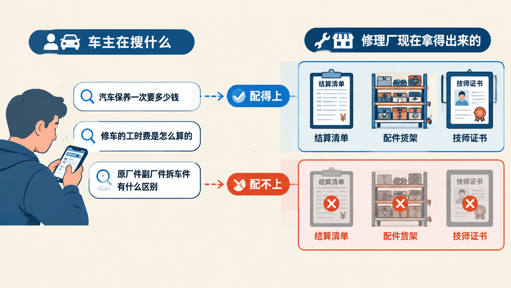 车主在搜索框里敲的句子，对上修理厂现在拿得出来的东西