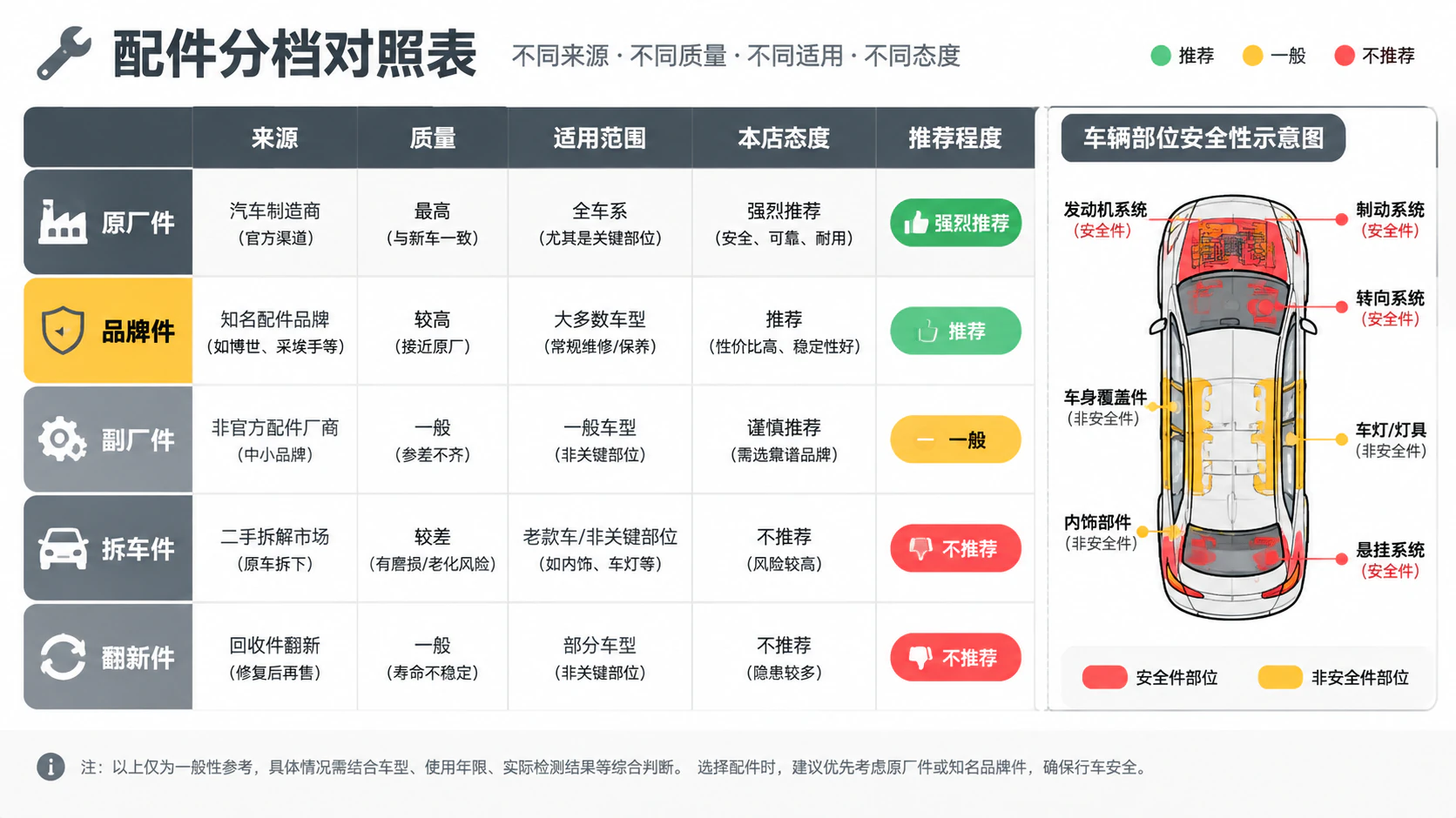 原厂件、品牌件、副厂件、拆车件、翻新件的分档与适用范围