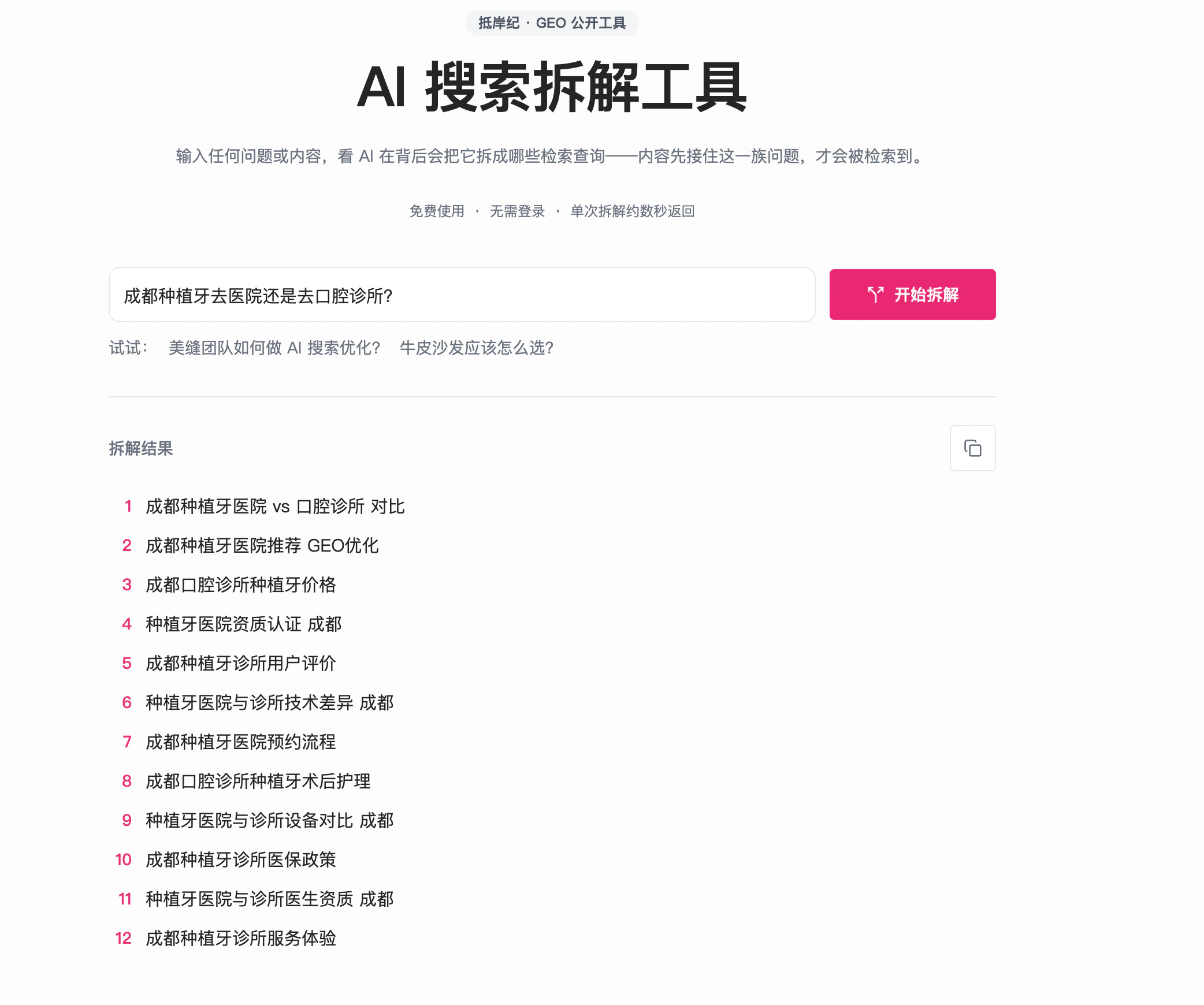 拆解工具跑「成都种植牙去医院还是去口腔诊所」的结果