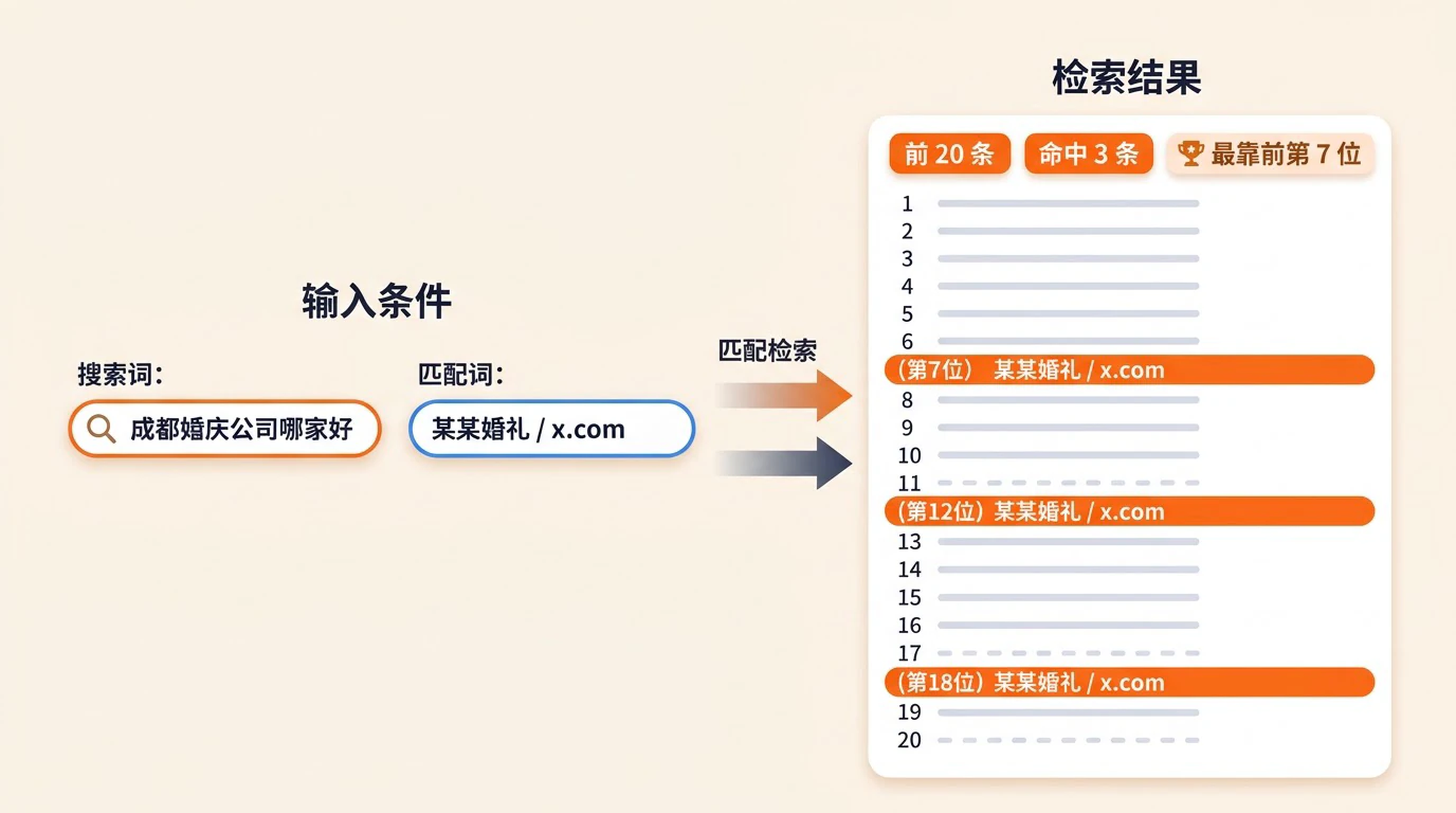 输入搜索词「成都婚庆公司哪家好」与匹配词「某某婚礼 / x.com」，右侧 20 条结果里标出命中的第 7、12、18 位