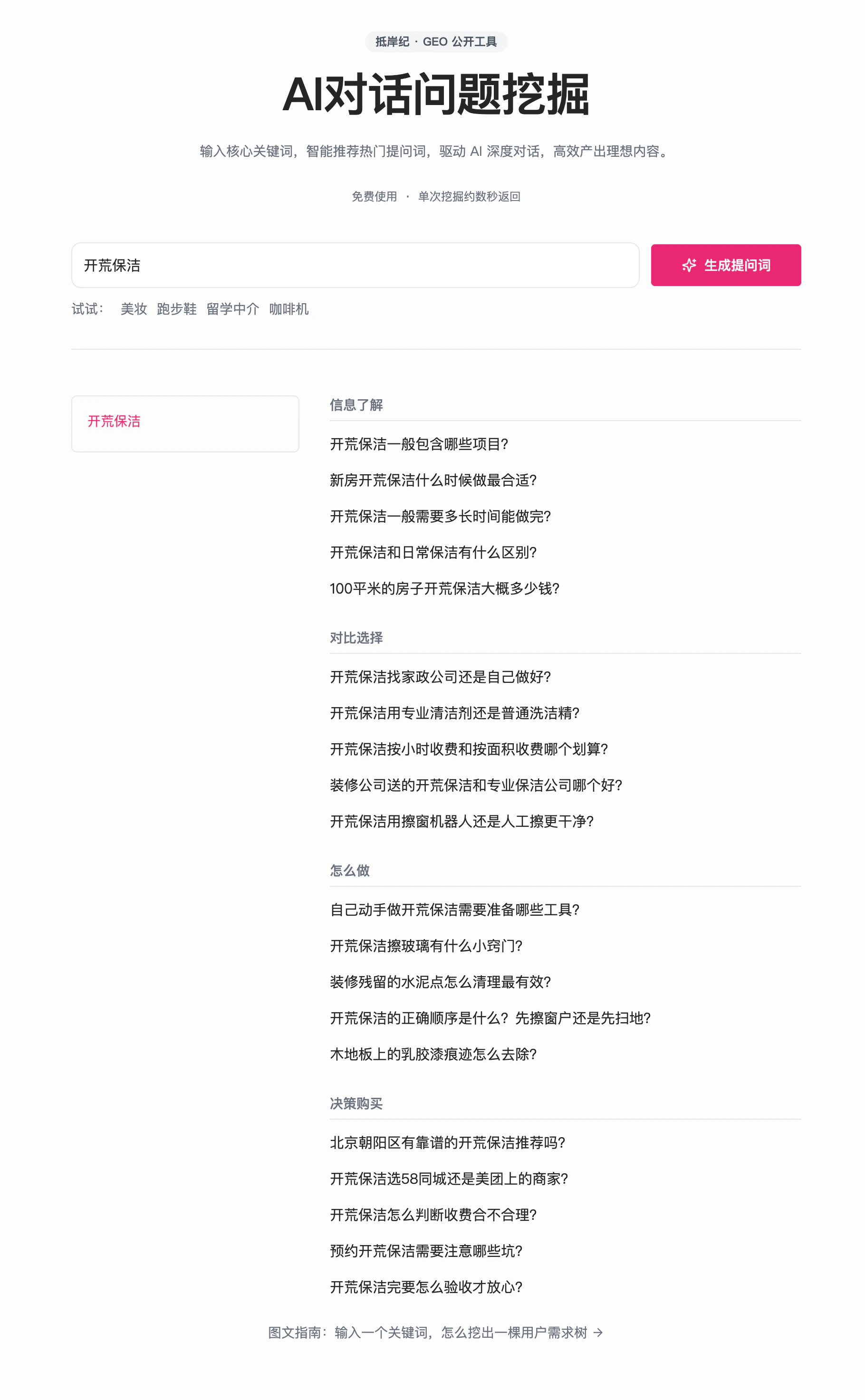 抵岸纪｜AI对话问题挖掘输入【开荒保洁】后返回的四组问题