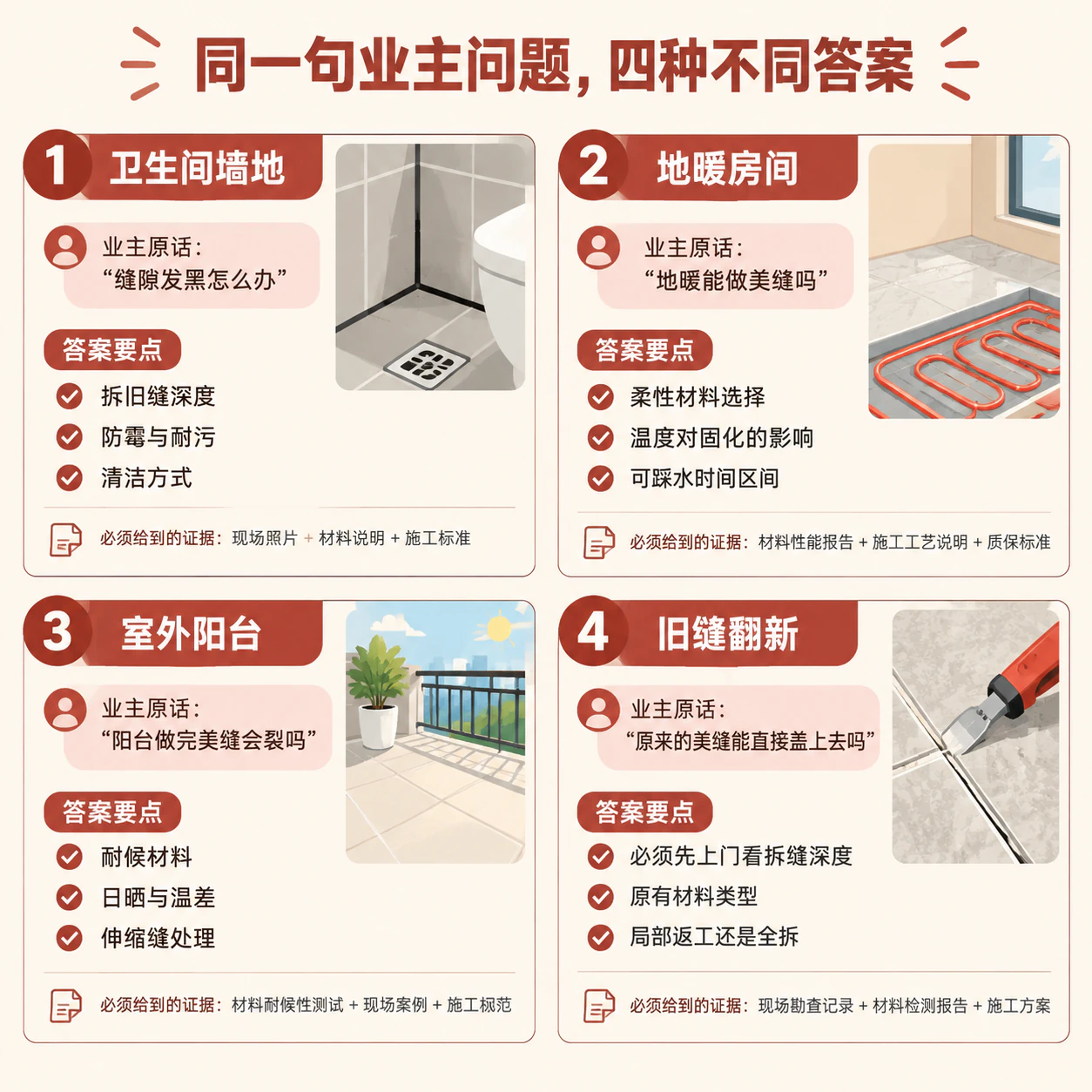 同一句业主问题在卫生间、地暖、阳台、旧缝翻新下的不同答案