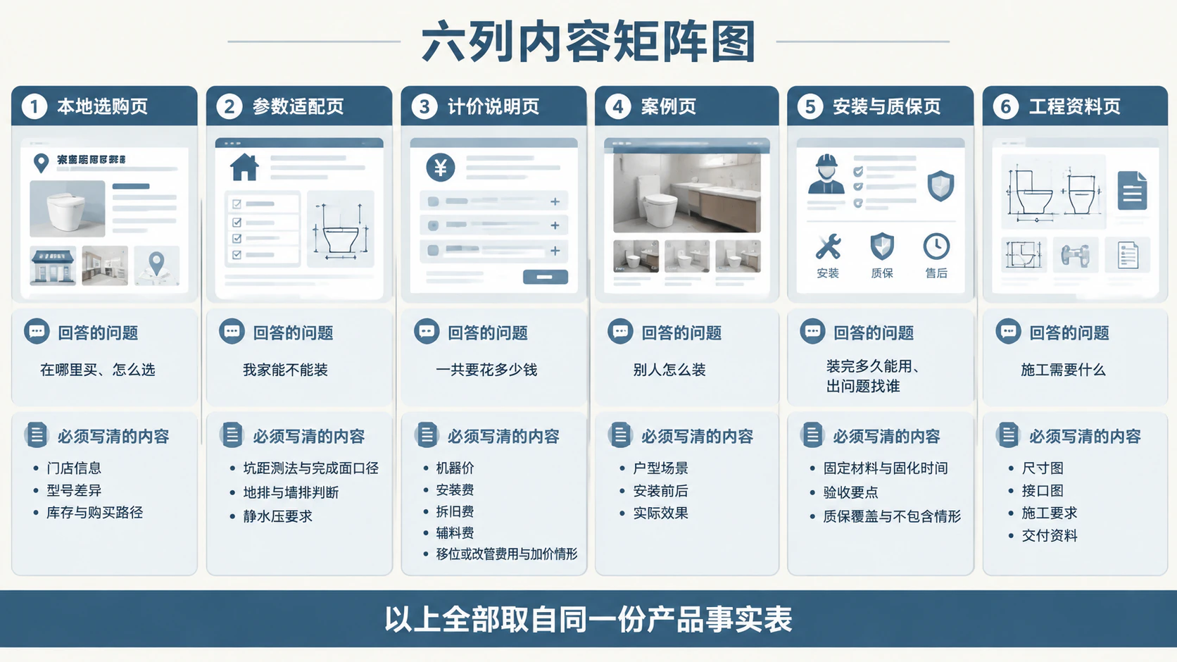 六类页面各自回答的问题与必须写清的内容