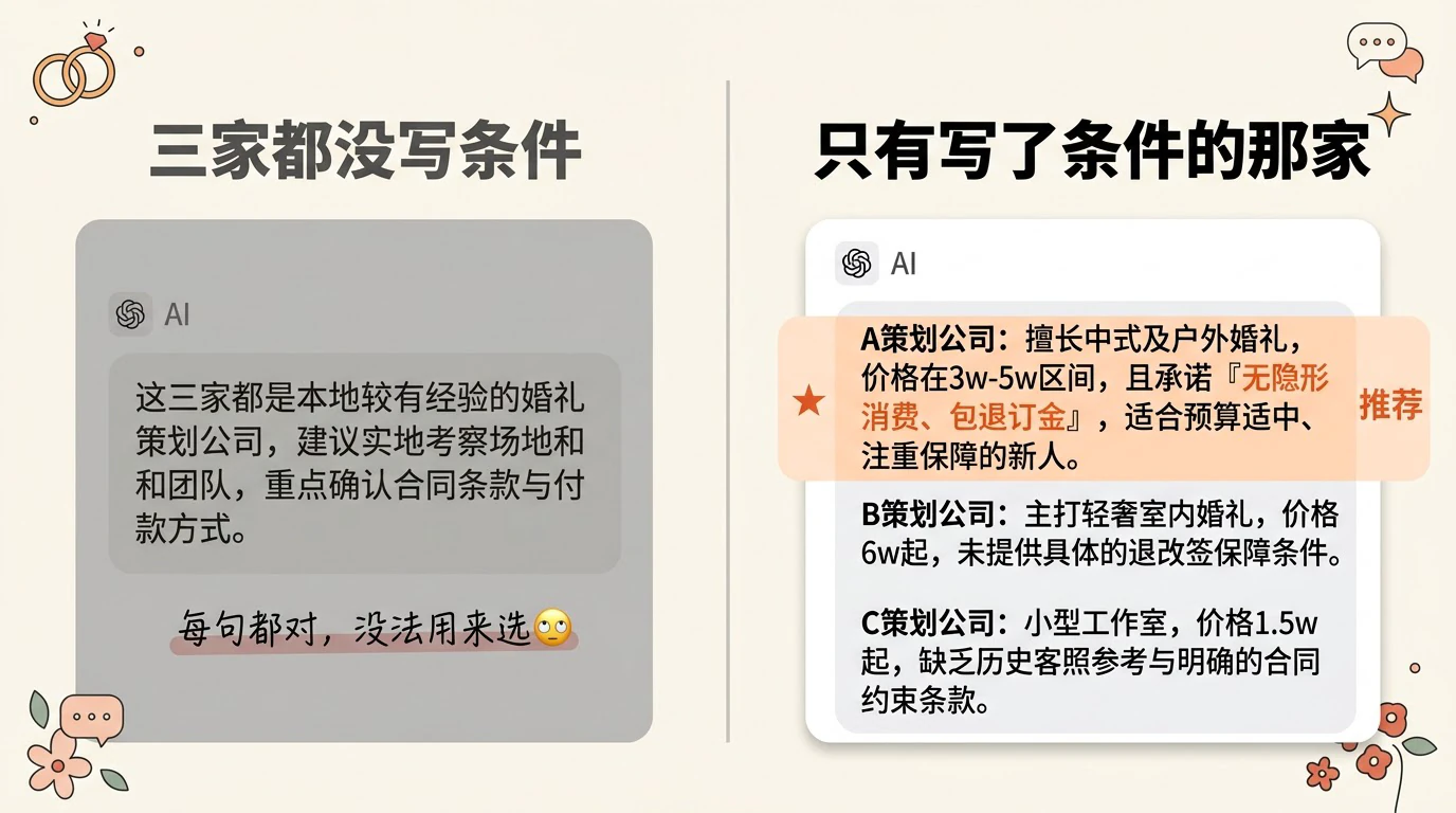 配图 2:左右对照对话截图,左侧三家都没写条件、AI 答不出差别,右侧只有写了条件的那家能分出 A、B、C 差别、A 家高亮